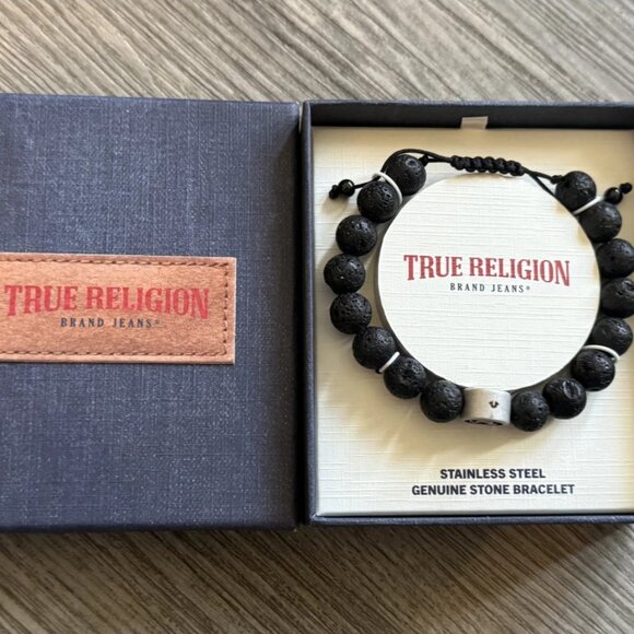True Religion Other - True Religion Black Genuine Stone Beaded Stainless Steel Bracelet New In Box